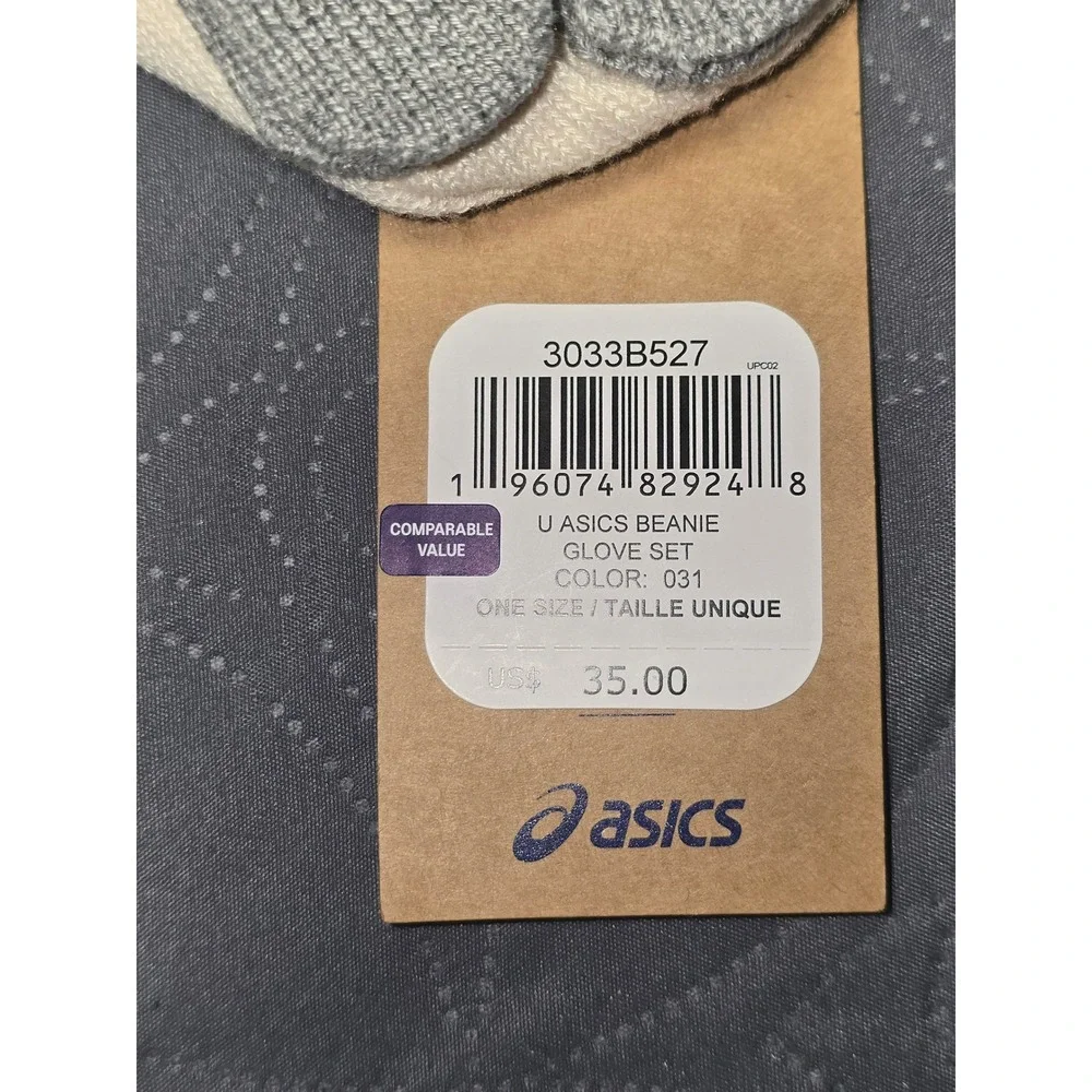 NWT ASICS Beanie and Glove Set Women One Size Grey cream‎ Ribbed Knit reversible